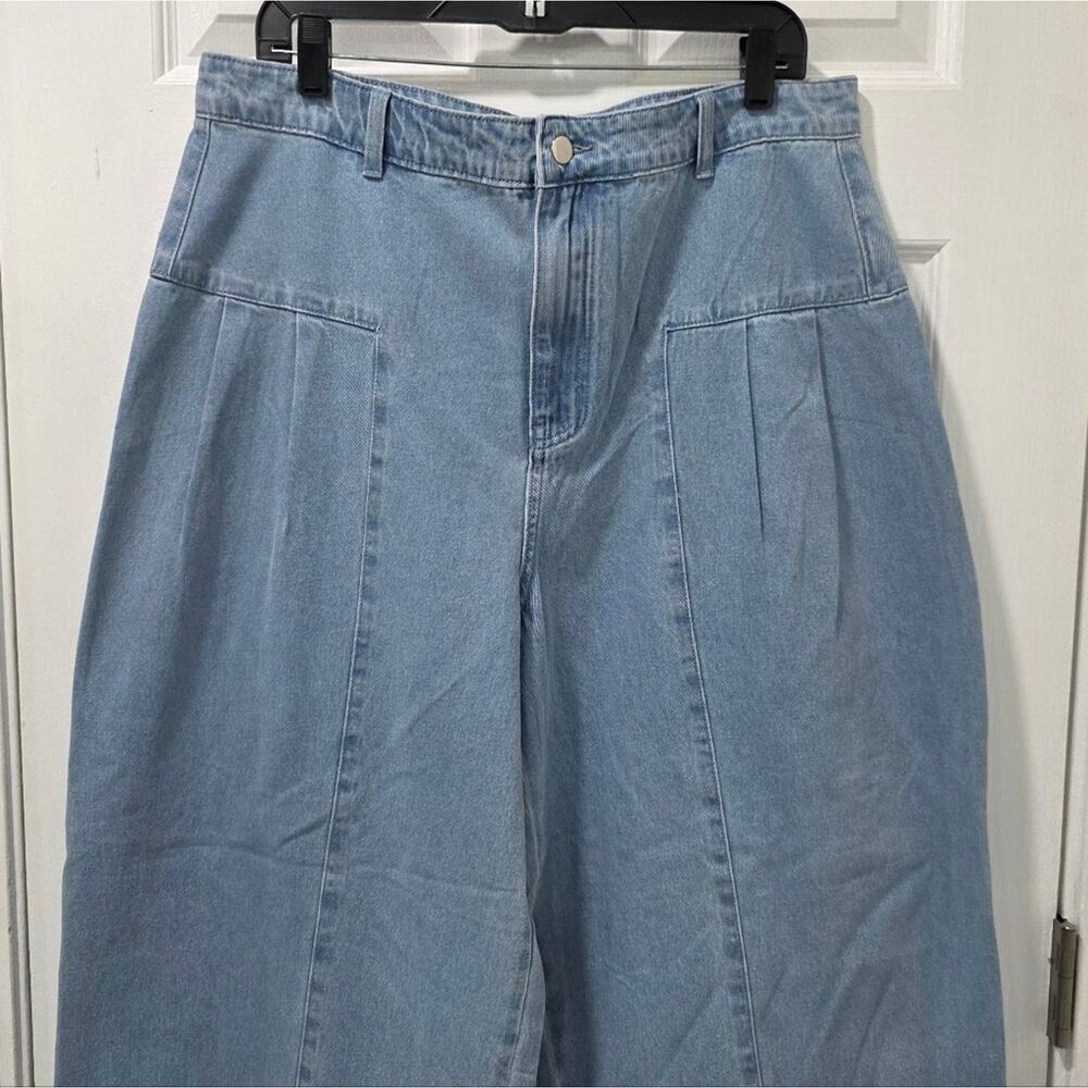 Blue Wide Leg Barrel Jeans Women’s Size 14 High Rise Pleated Crop Denim Pants - Picture 3 of 5